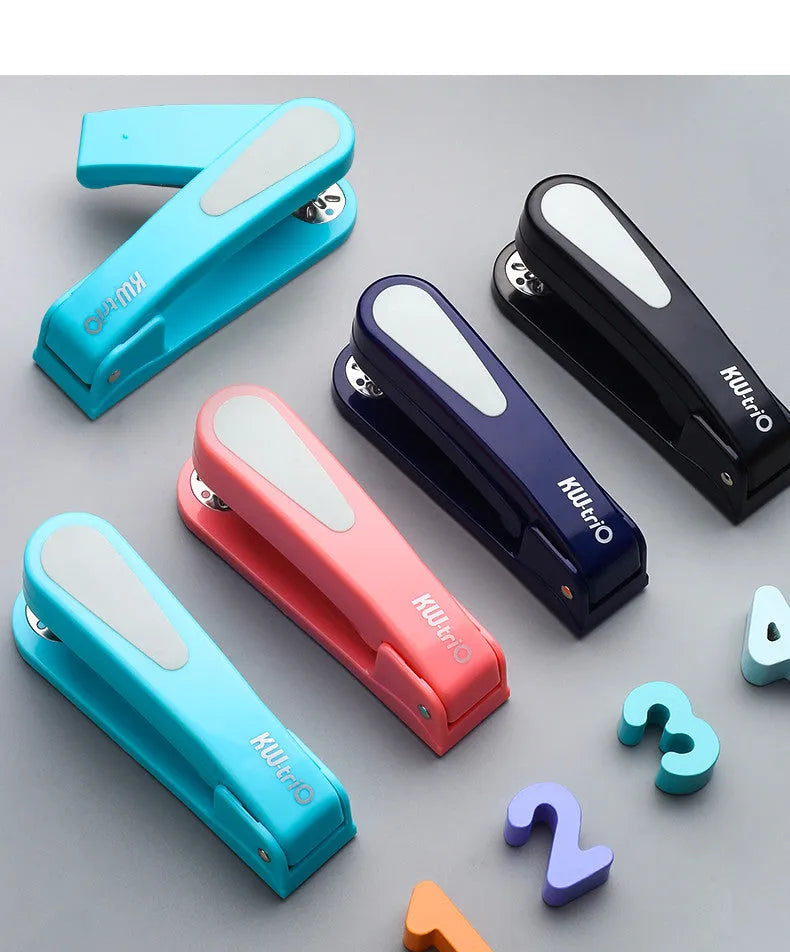 Rotating student stapler in multiple colours showing 360-degree head and centre binding function.