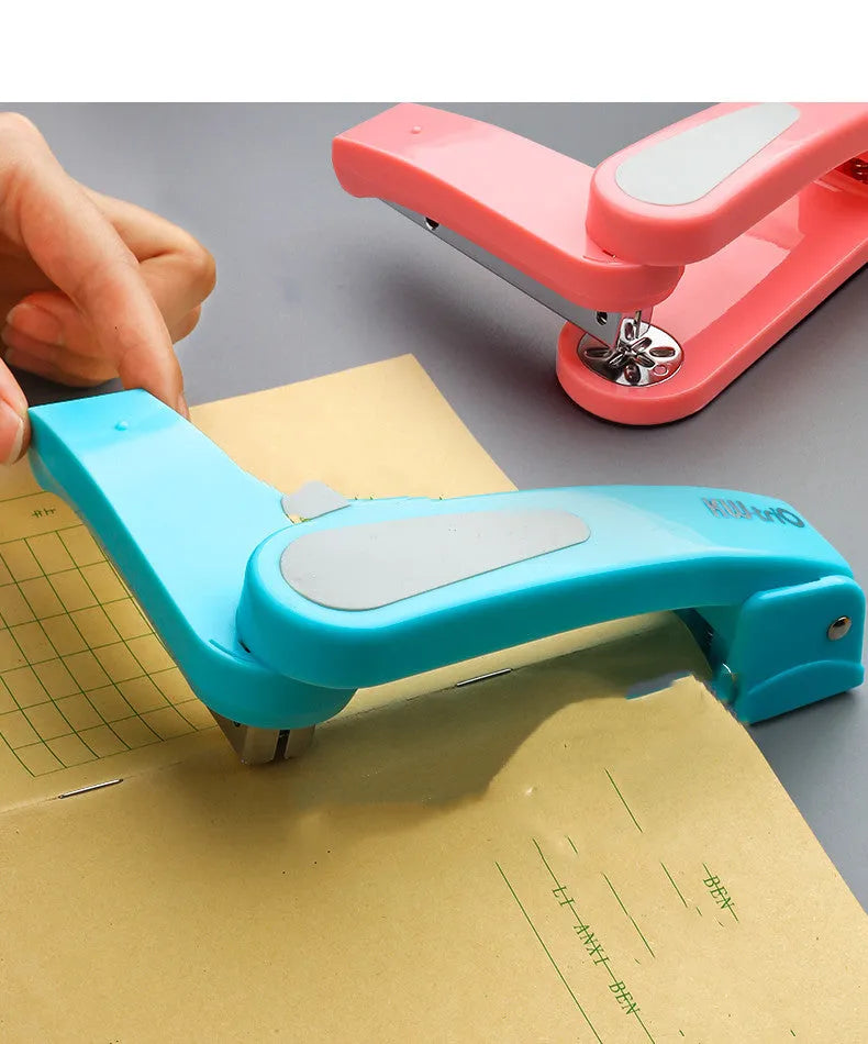 Rotating student stapler in multiple colours showing 360-degree head and centre binding function.