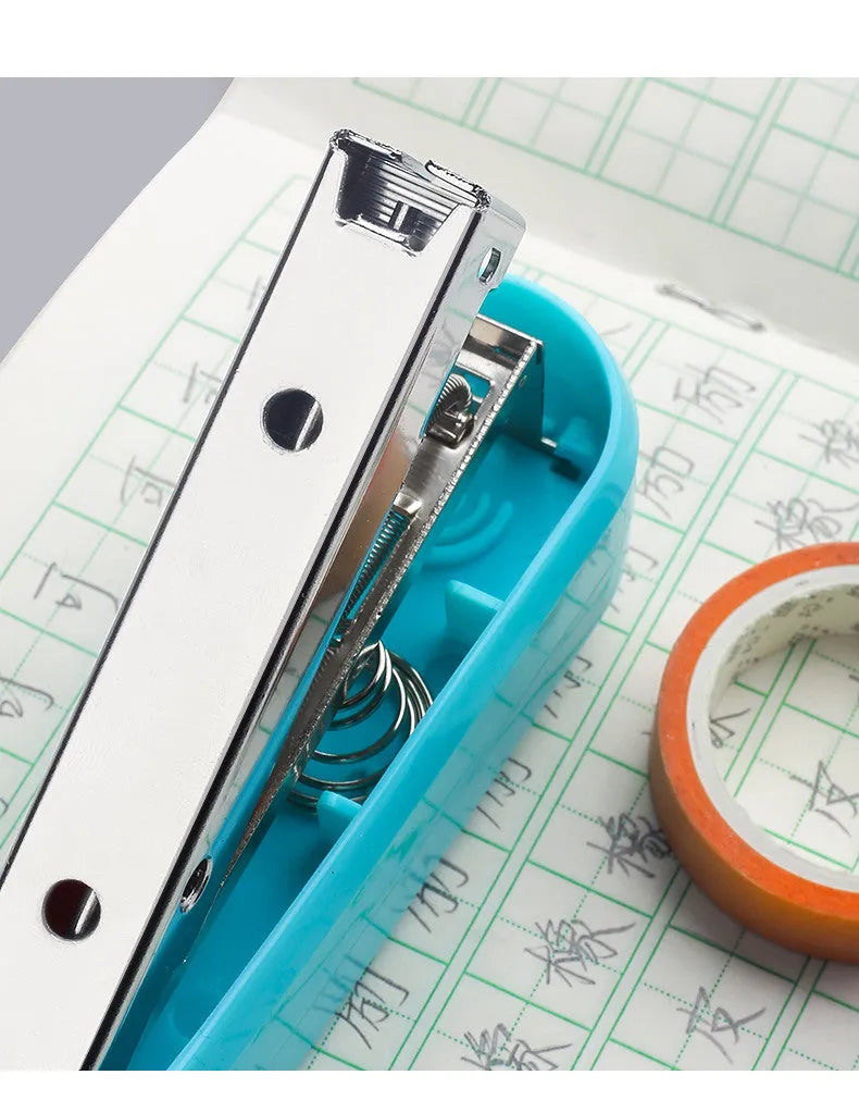 Rotating student stapler in multiple colours showing 360-degree head and centre binding function.