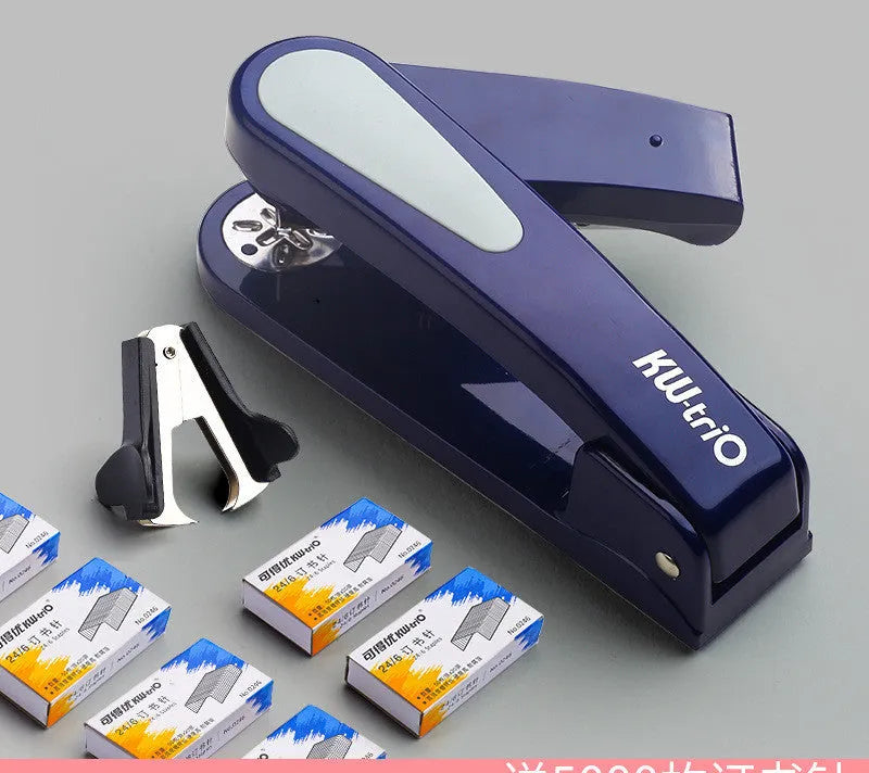 Rotating student stapler in multiple colours showing 360-degree head and centre binding function.