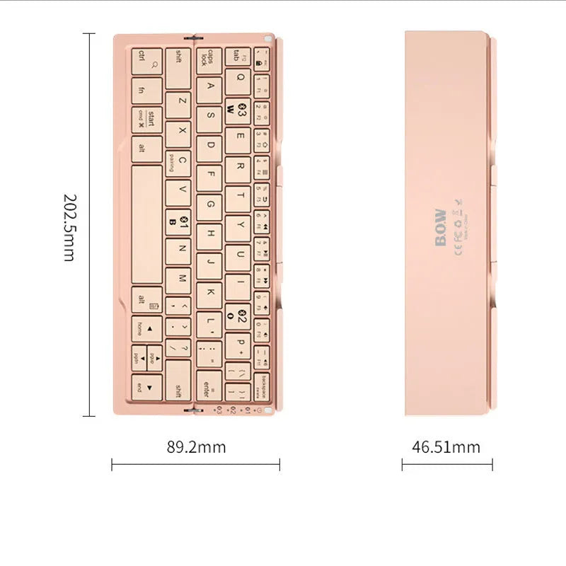Silver aluminium folding Bluetooth keyboard open with phone on stand next to folded size comparison