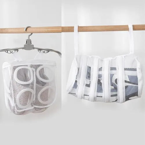 Large shoe washing bag with double-layer mesh, foam padding, hidden zipper, and lanyard separations in blue colour