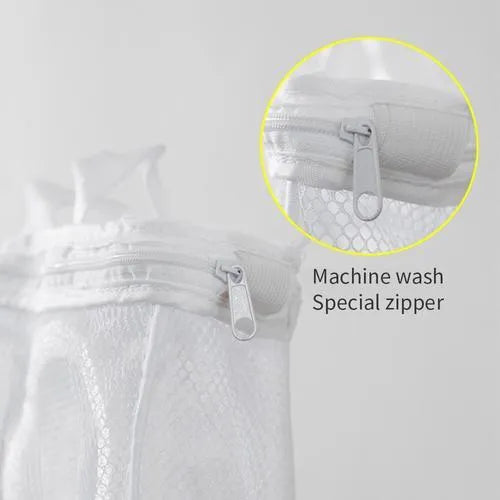 Large shoe washing bag with double-layer mesh, foam padding, hidden zipper, and lanyard separations in blue colour