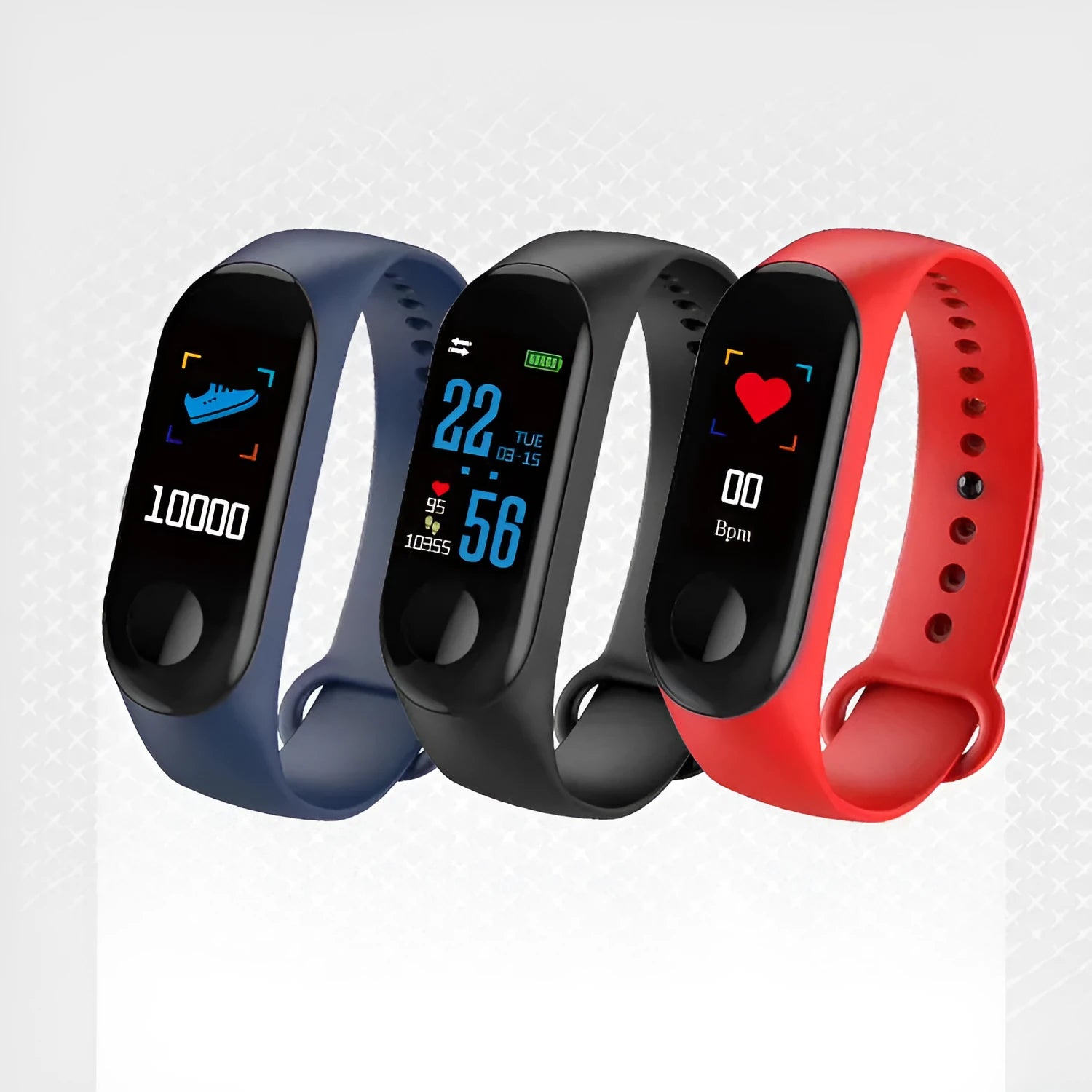 M3 Smart Bracelet fitness tracker with colour screen showing heart rate data on a wrist.
