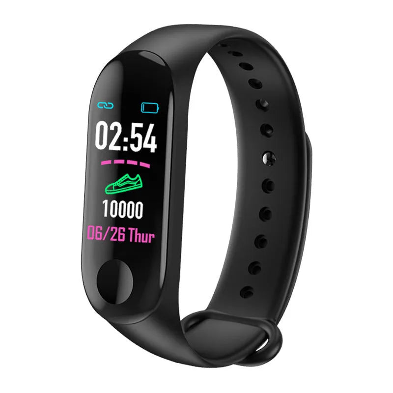 M3 Smart Bracelet fitness tracker with colour screen showing heart rate data on a wrist.