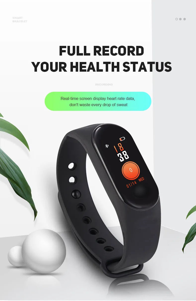 M3 Smart Bracelet fitness tracker with colour screen showing heart rate data on a wrist.