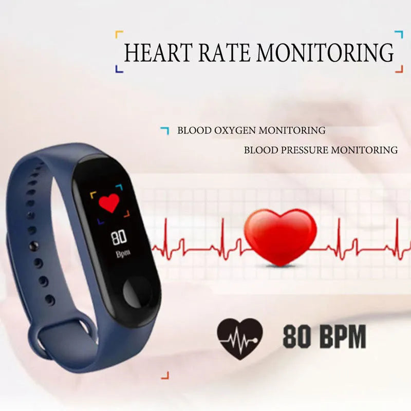 M3 Smart Bracelet fitness tracker with colour screen showing heart rate data on a wrist.