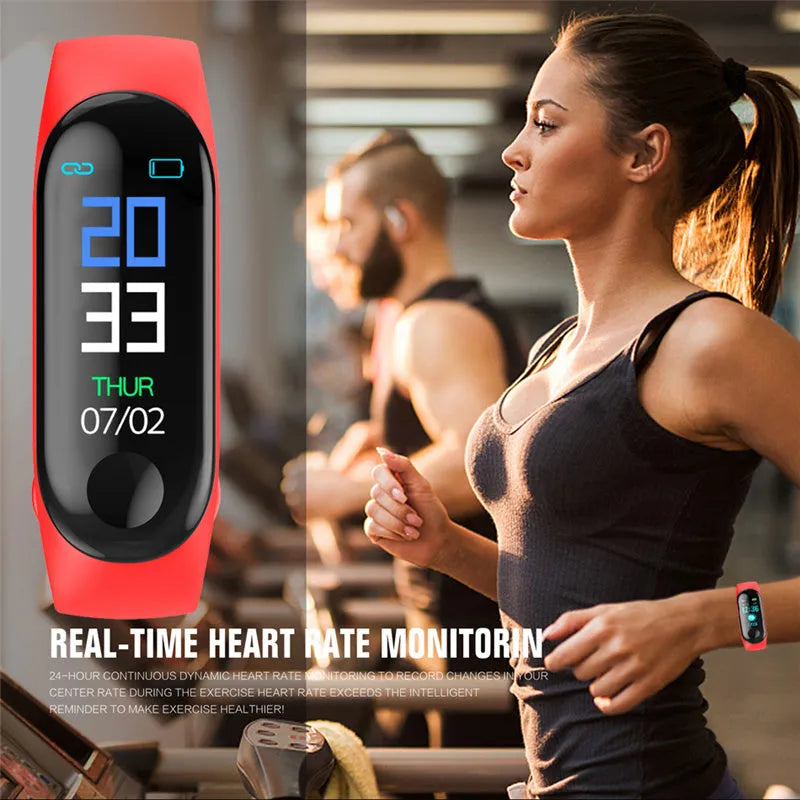 M3 Smart Bracelet fitness tracker with colour screen showing heart rate data on a wrist.