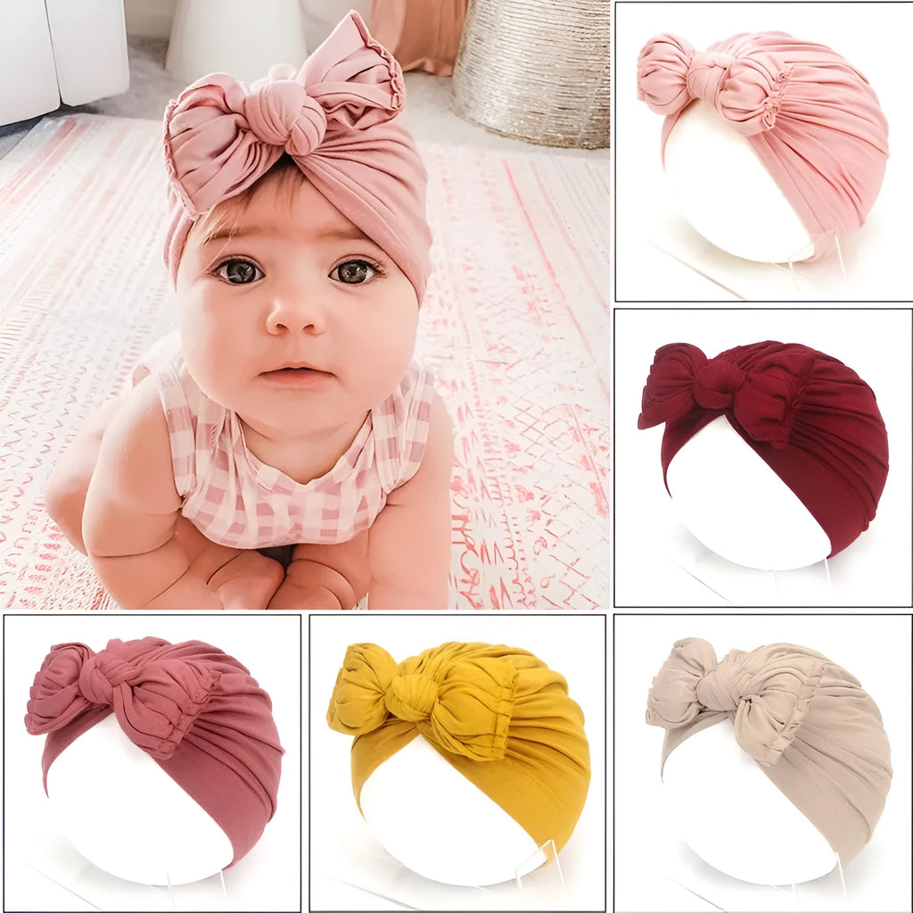 Soft knitted acrylic baby girl turban hat in solid colour, fits head sizes 35-48cm for ages 0-28 months