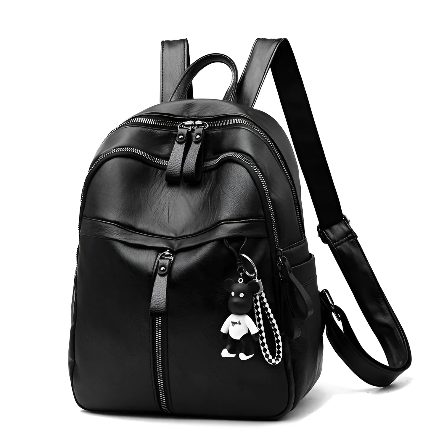 Black soft-surface leather backpack with 24-litre capacity showing ID pocket and luggage strap attachments