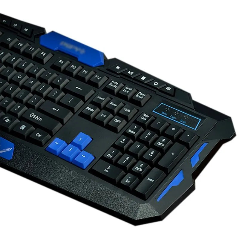 Black and blue wireless keyboard and mouse set on a desk