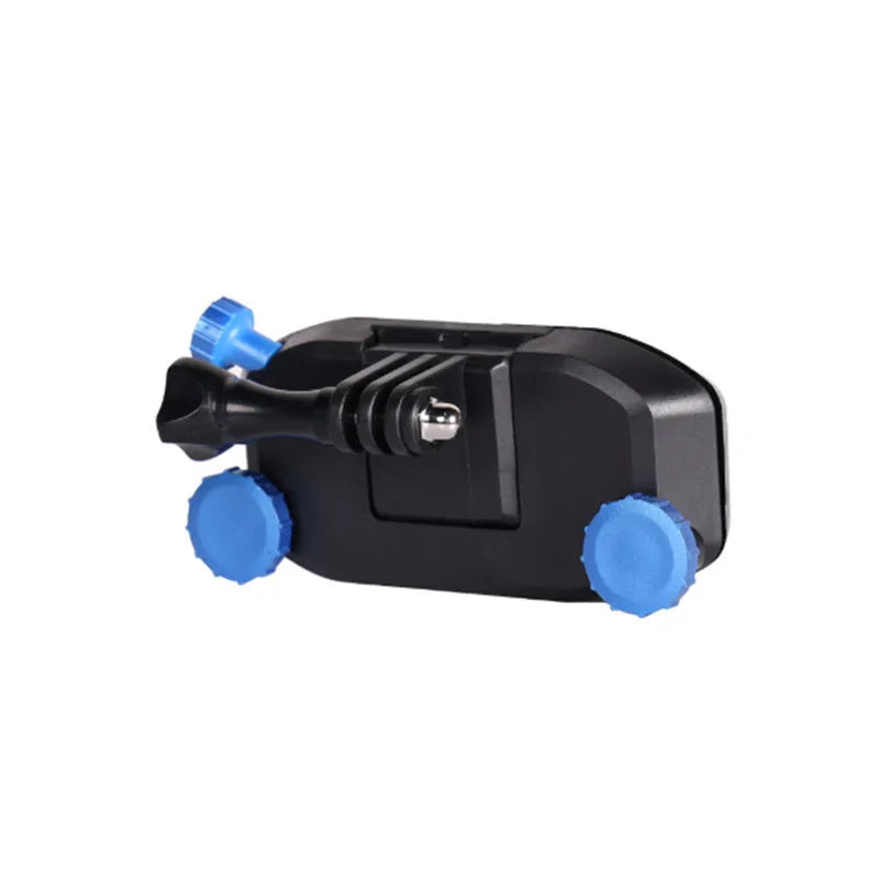 Blue plastic shoulder strap buckle for sports camera mounting on backpacks
