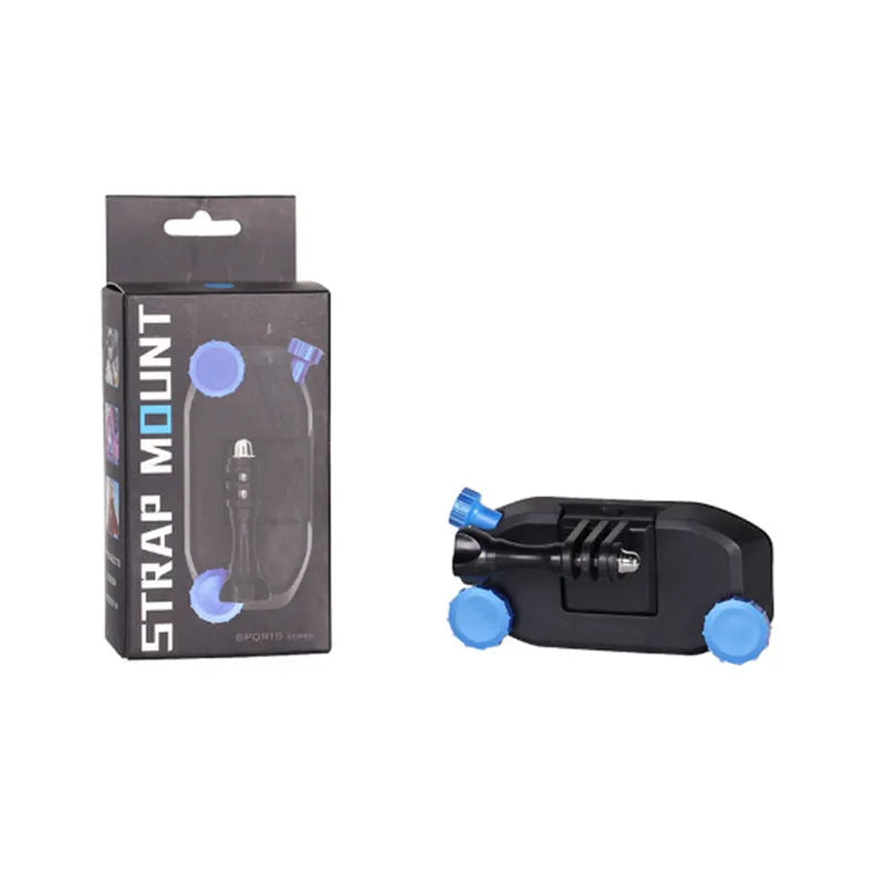 Blue plastic shoulder strap buckle for sports camera mounting on backpacks