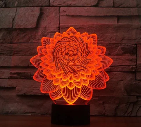 Lotus 2 3D touch LED light with acrylic shade, seven colours, USB cable on white background