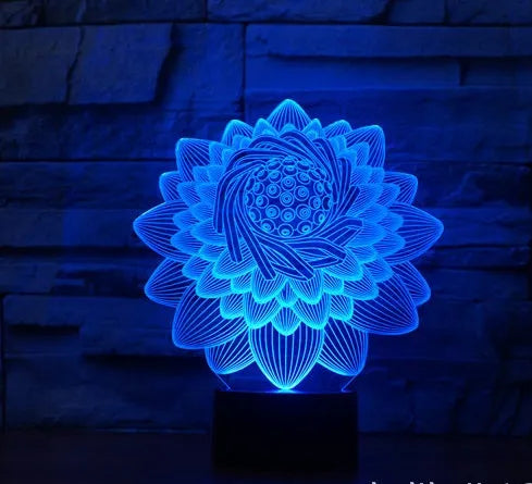 Lotus 2 3D touch LED light with acrylic shade, seven colours, USB cable on white background