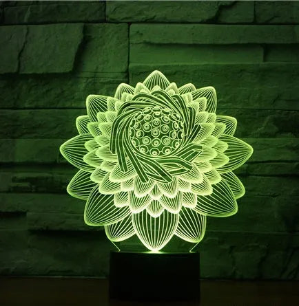 Lotus 2 3D touch LED light with acrylic shade, seven colours, USB cable on white background