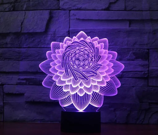 Lotus 2 3D touch LED light with acrylic shade, seven colours, USB cable on white background