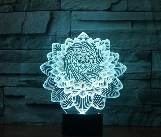 Lotus 2 3D touch LED light with acrylic shade, seven colours, USB cable on white background