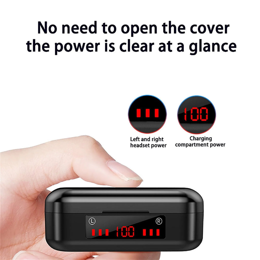V7 LED button version wireless Bluetooth TWS headphones with charging case and silicone ear caps.