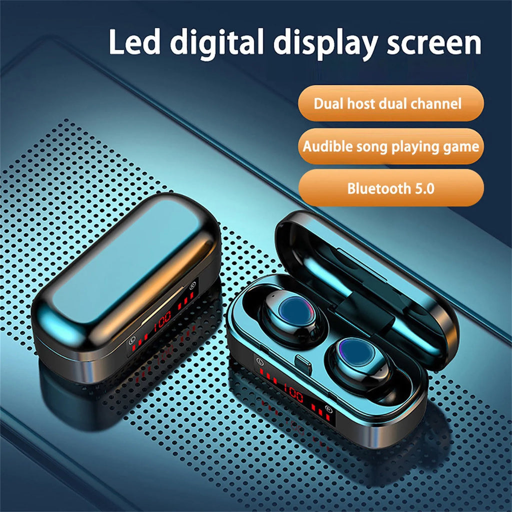 V7 LED button version wireless Bluetooth TWS headphones with charging case and silicone ear caps.