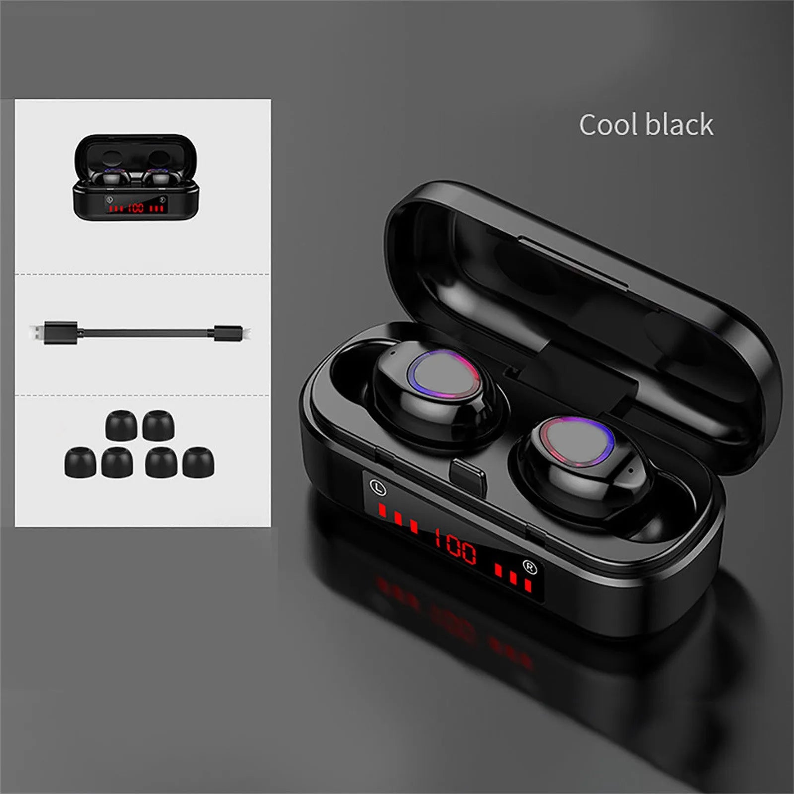 V7 LED button version wireless Bluetooth TWS headphones with charging case and silicone ear caps.