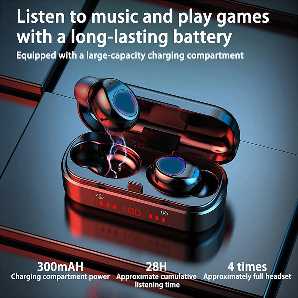 V7 LED button version wireless Bluetooth TWS headphones with charging case and silicone ear caps.