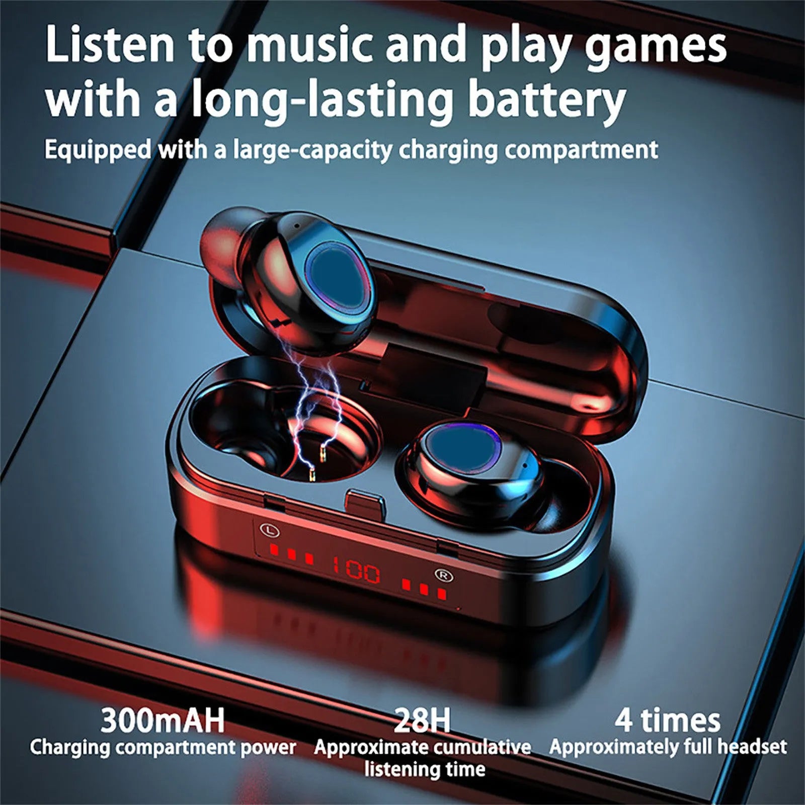 V7 LED button version wireless Bluetooth TWS headphones with charging case and silicone ear caps.