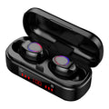 V7 LED button version wireless Bluetooth TWS headphones with charging case and silicone ear caps.
