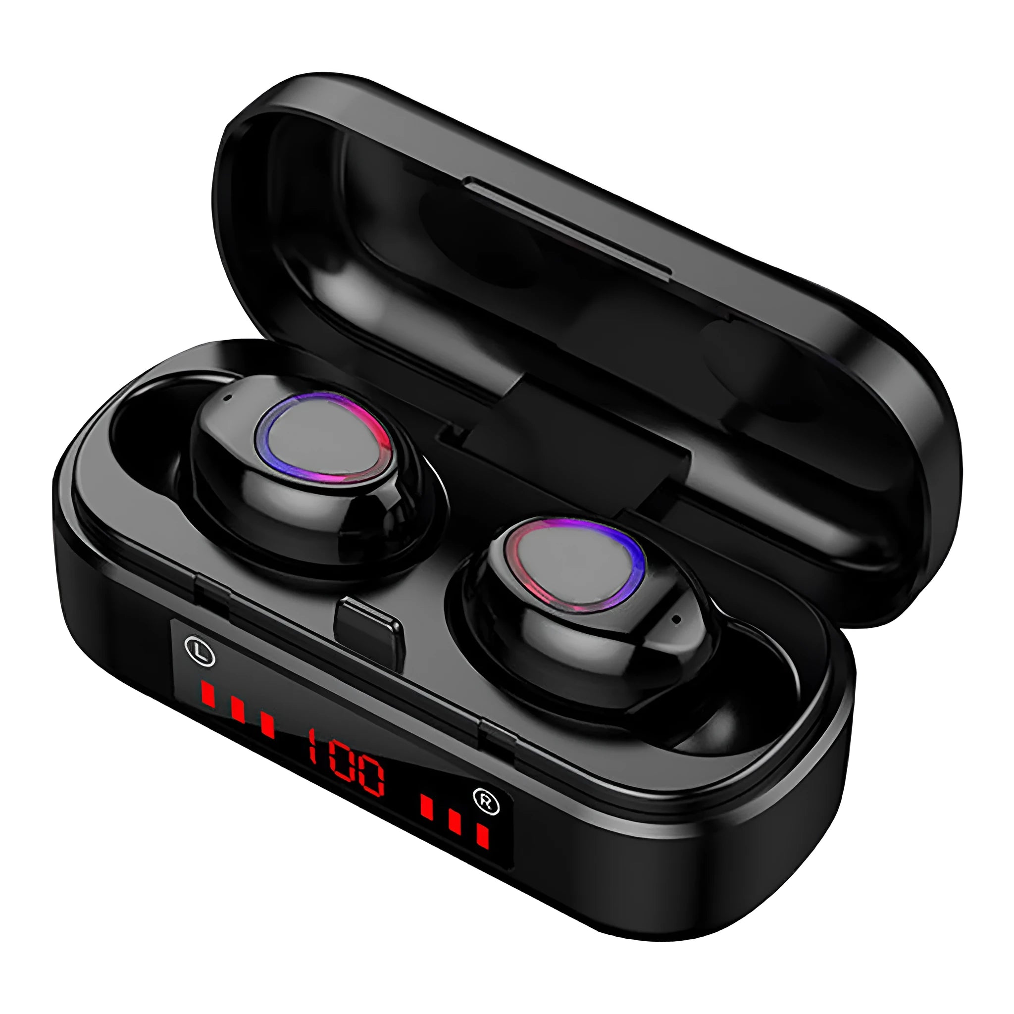 V7 LED button version wireless Bluetooth TWS headphones with charging case and silicone ear caps.