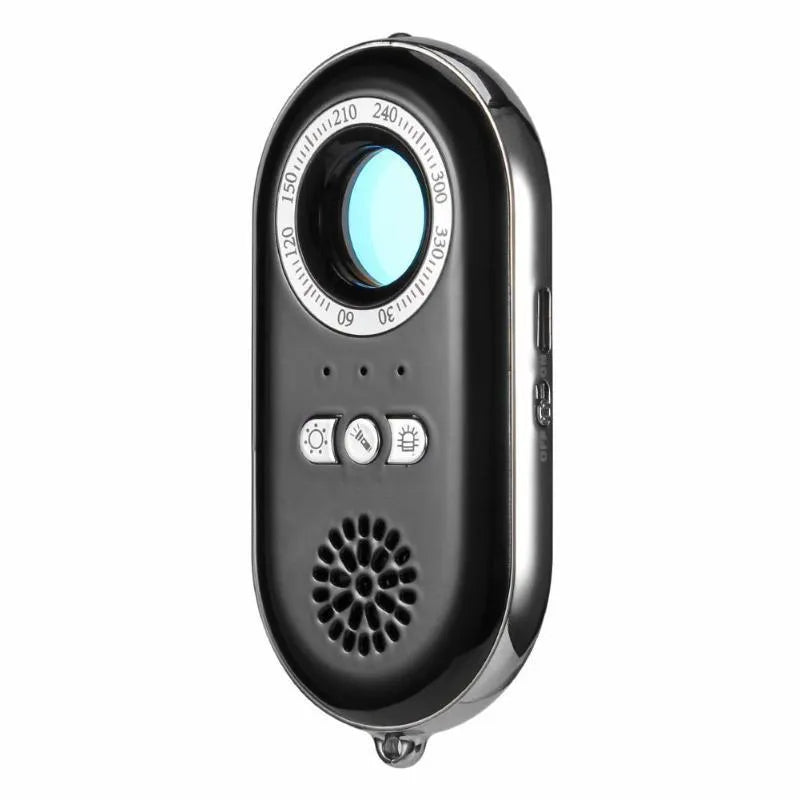 Compact black wireless signal detector with vibration alarm for travel security measuring 85mm
