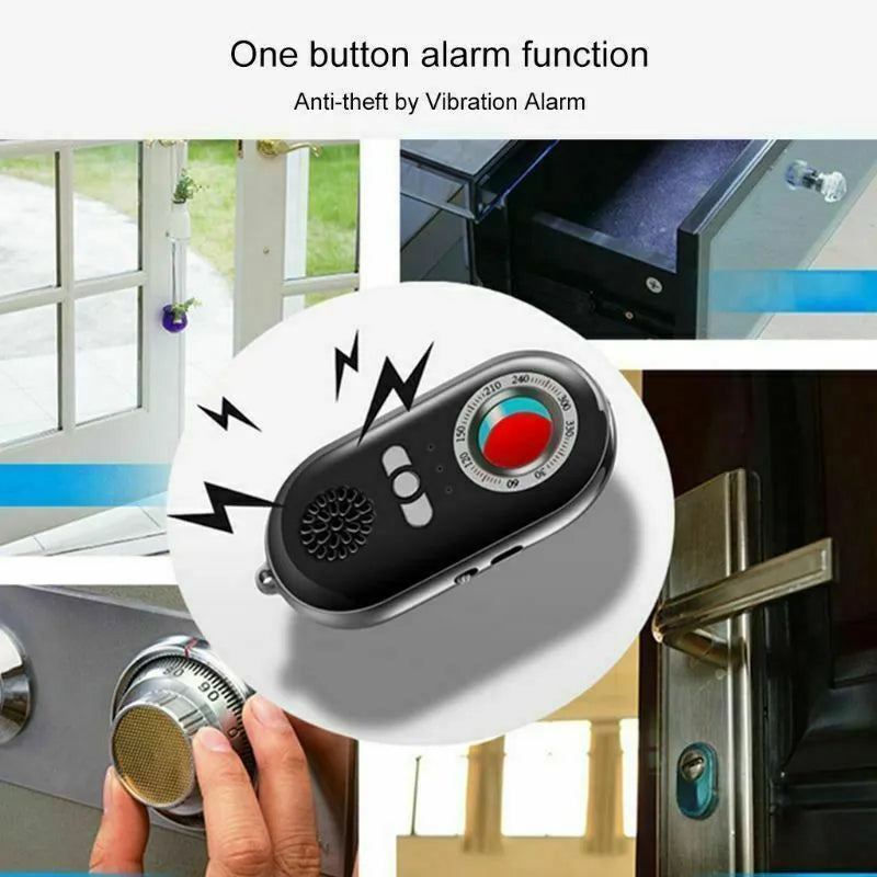 Compact black wireless signal detector with vibration alarm for travel security measuring 85mm