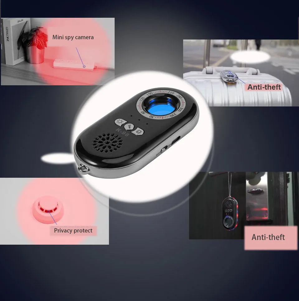 Compact black wireless signal detector with vibration alarm for travel security measuring 85mm