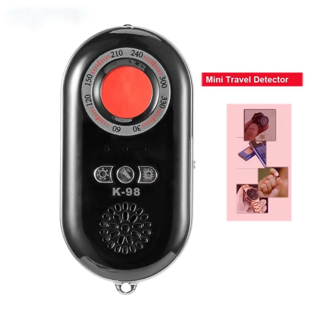 Compact black wireless signal detector with vibration alarm for travel security measuring 85mm