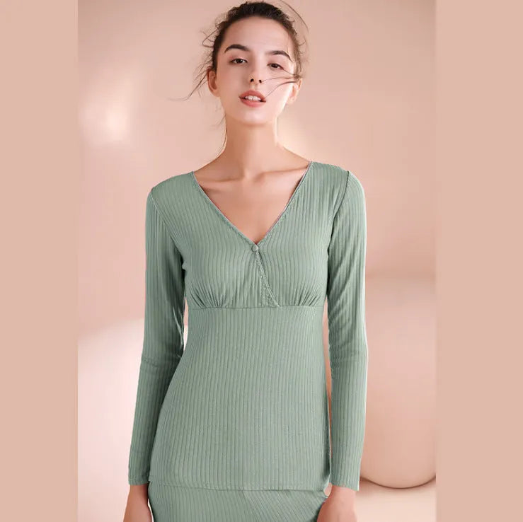 Maternity nursing pajama set in modal fabric with V-neck top and long trousers, available in multiple colours