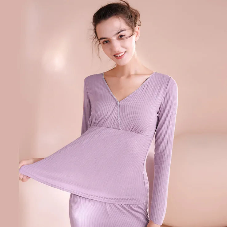 Maternity nursing pajama set in modal fabric with V-neck top and long trousers, available in multiple colours