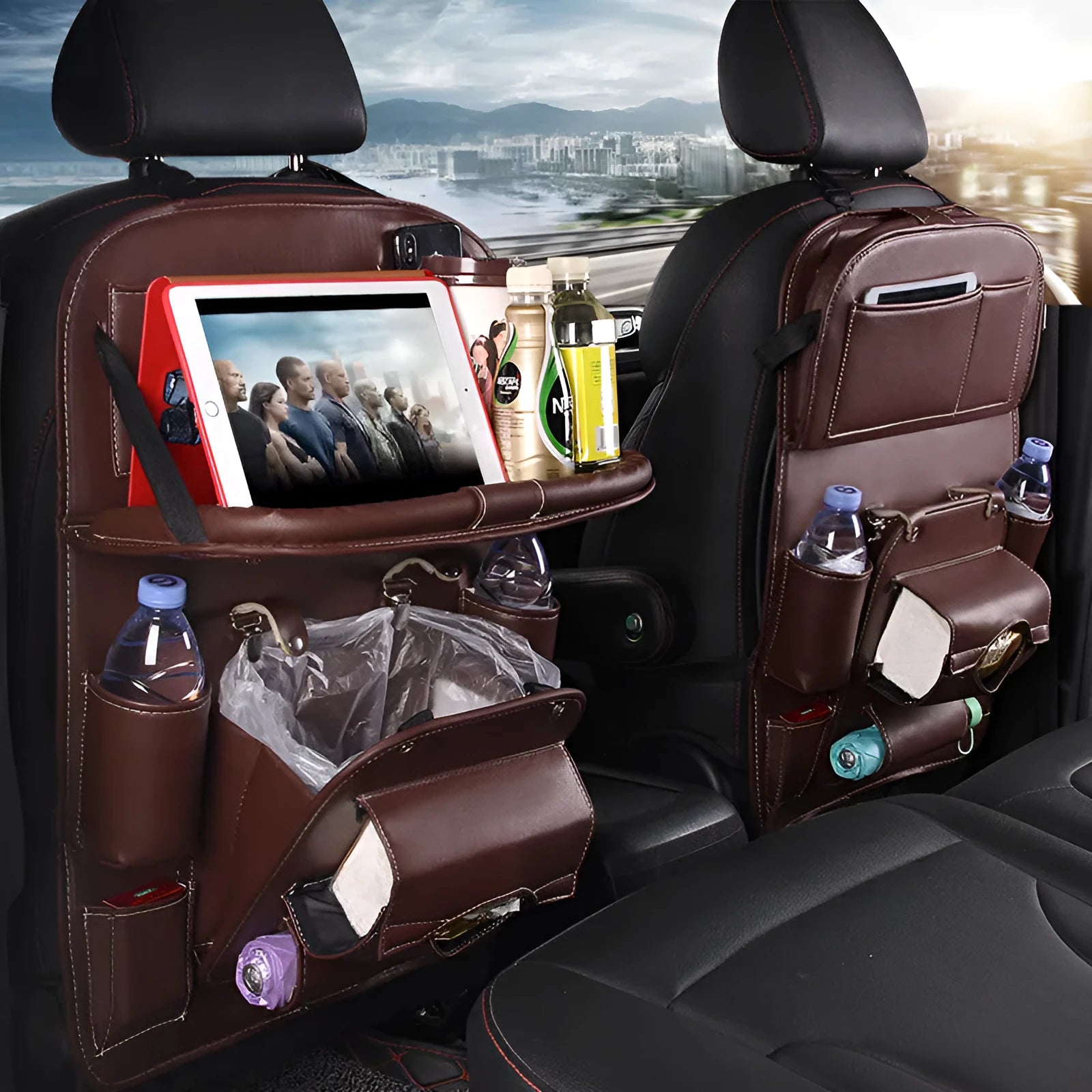Black PU leather car seat back organiser with multiple pockets and a built-in trash can compartment