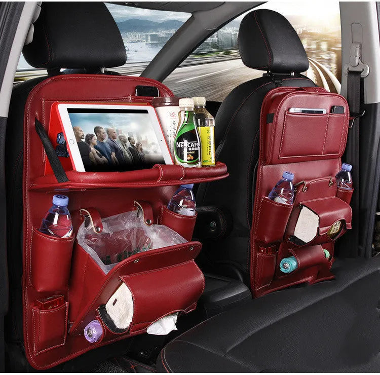 Black PU leather car seat back organiser with multiple pockets and a built-in trash can compartment