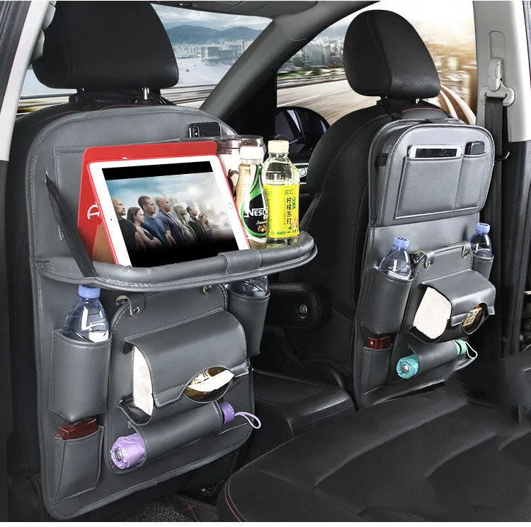 Black PU leather car seat back organiser with multiple pockets and a built-in trash can compartment