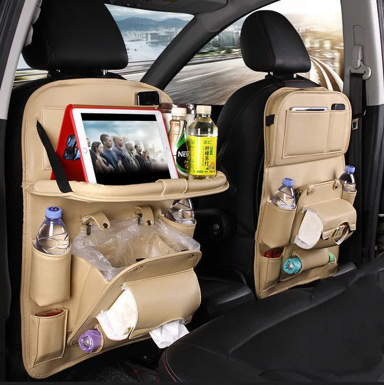 Black PU leather car seat back organiser with multiple pockets and a built-in trash can compartment