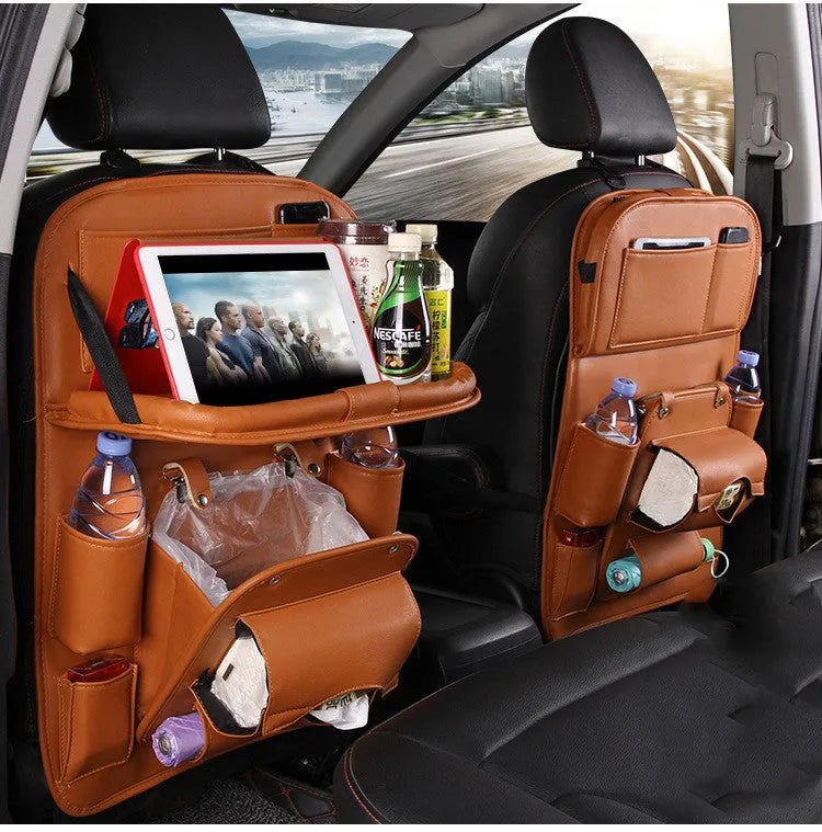 Black PU leather car seat back organiser with multiple pockets and a built-in trash can compartment