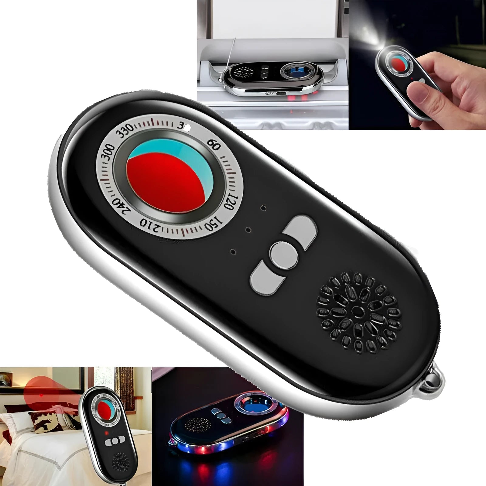 Compact black wireless signal detector with vibration alarm for travel security measuring 85mm