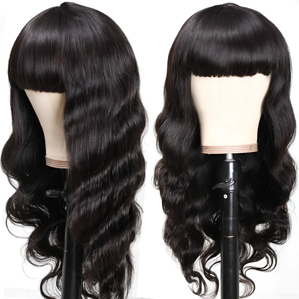 Real hair body headgear wig with bangs in black, long curly style, full mechanism human hair wig