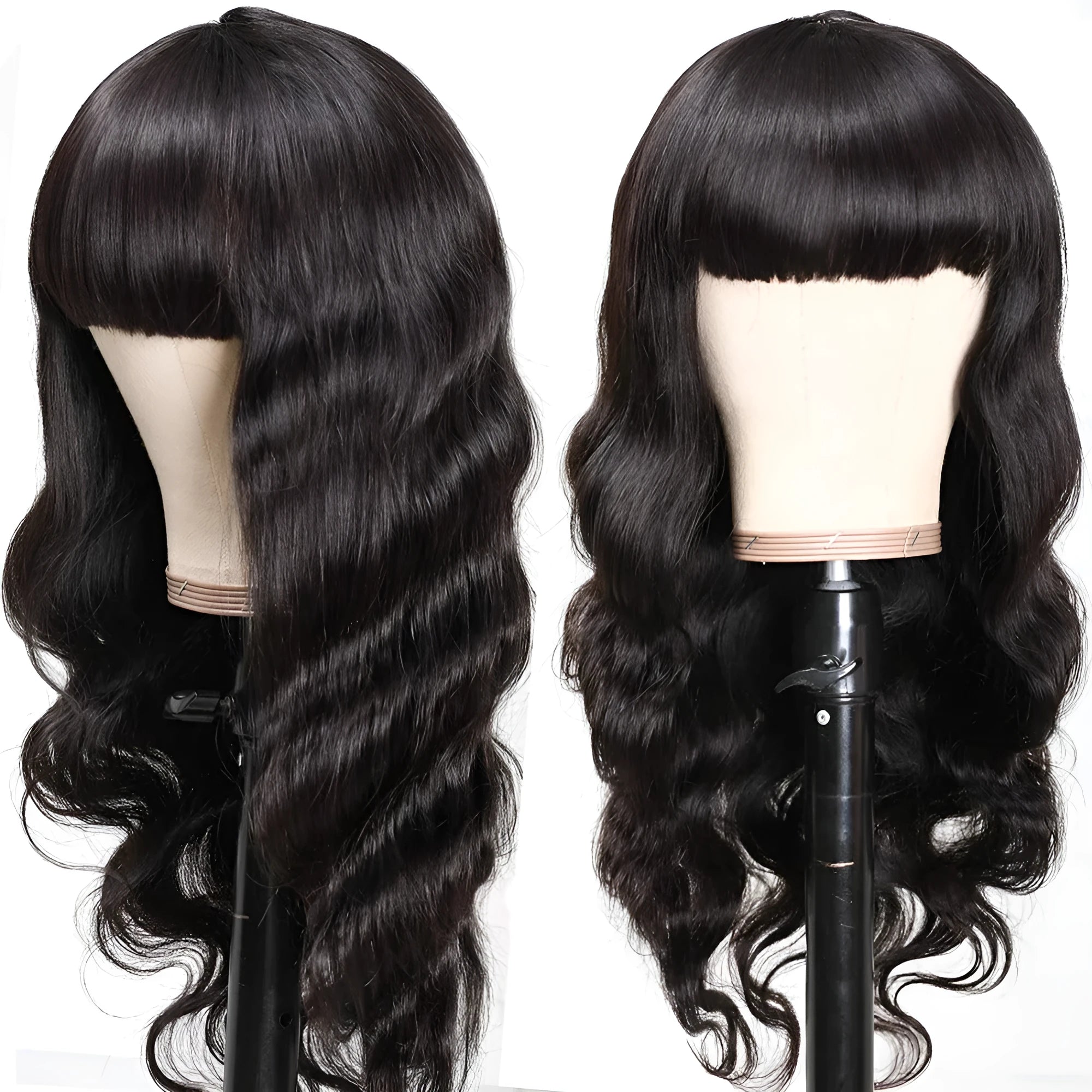 Real hair body headgear wig with bangs in black, long curly style, full mechanism human hair wig