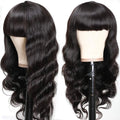 Real hair body headgear wig with bangs in black, long curly style, full mechanism human hair wig