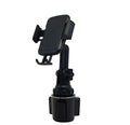 Black ABS car phone holder mounted on a dashboard, showing 360-degree rotation and soft foam contact pads.