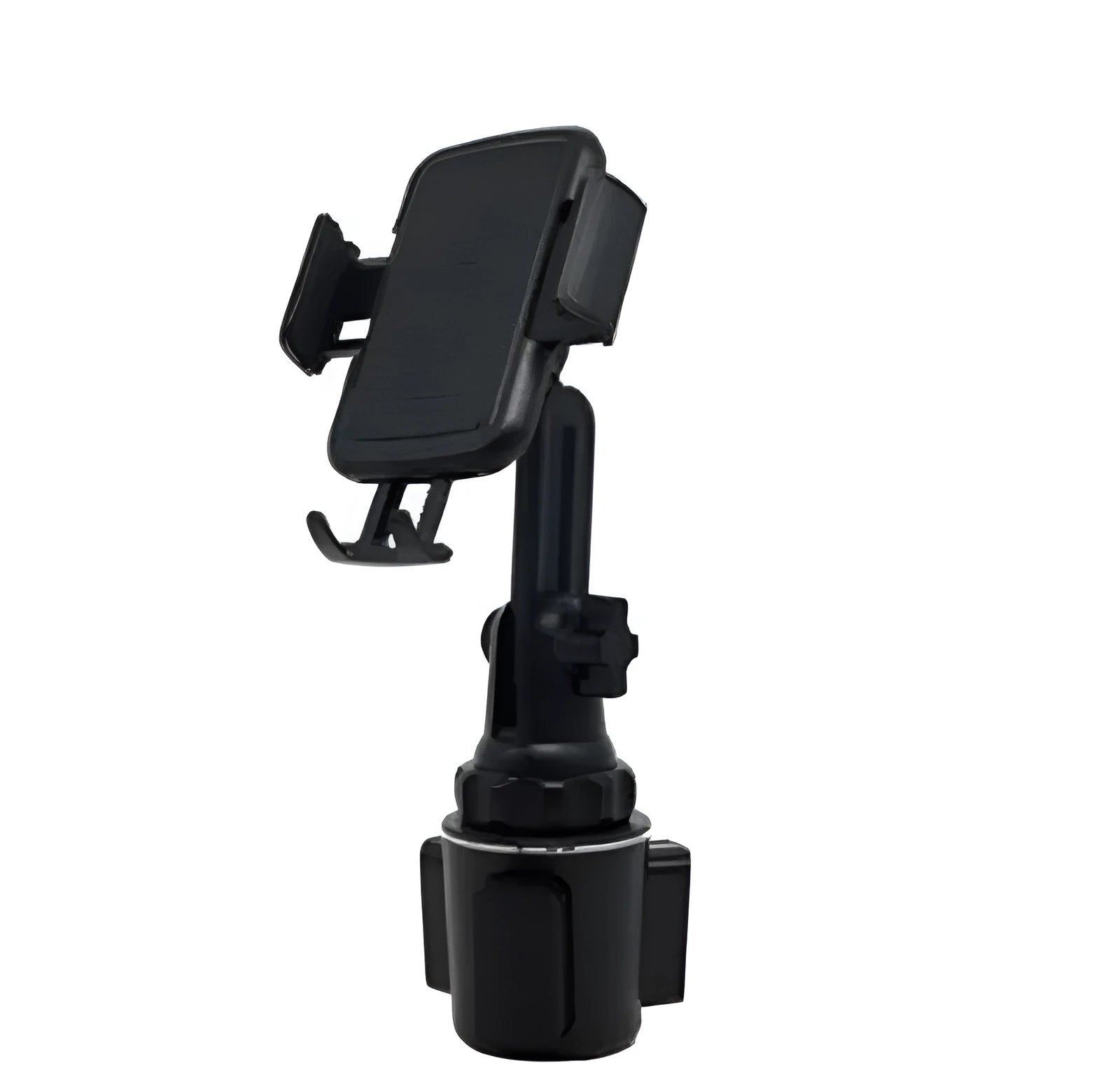 Black ABS car phone holder mounted on a dashboard, showing 360-degree rotation and soft foam contact pads.