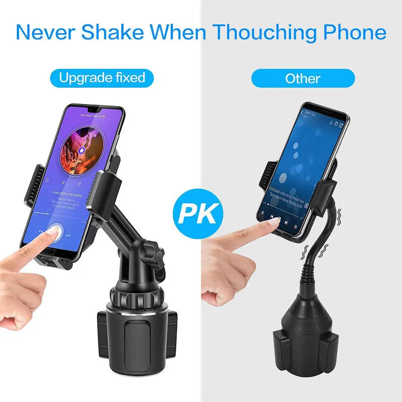 Black ABS car phone holder mounted on a dashboard, showing 360-degree rotation and soft foam contact pads.