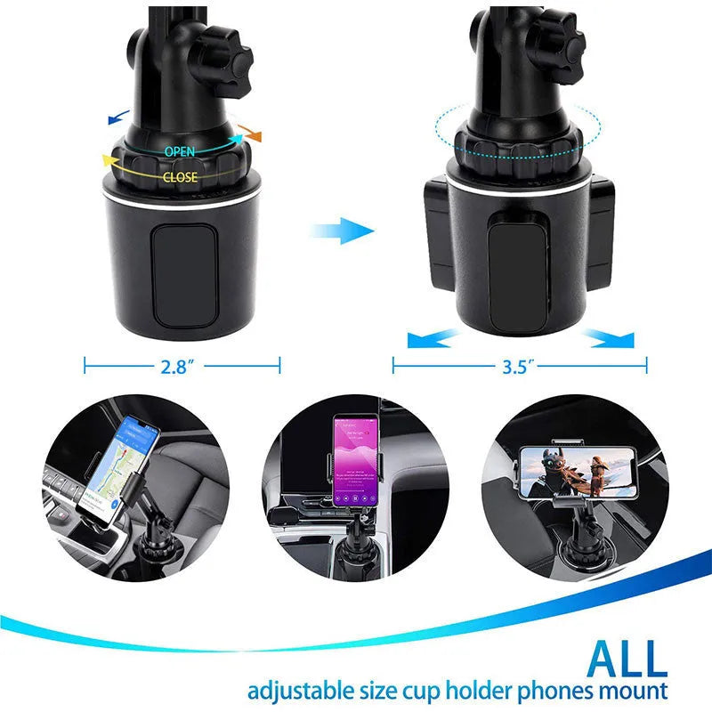 Black ABS car phone holder mounted on a dashboard, showing 360-degree rotation and soft foam contact pads.