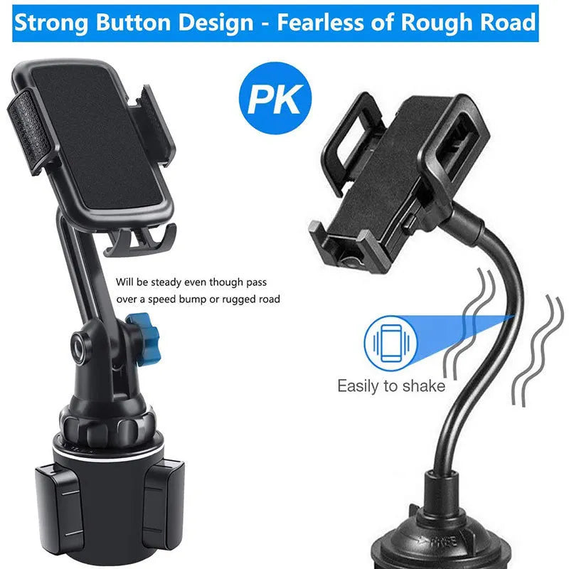 Black ABS car phone holder mounted on a dashboard, showing 360-degree rotation and soft foam contact pads.