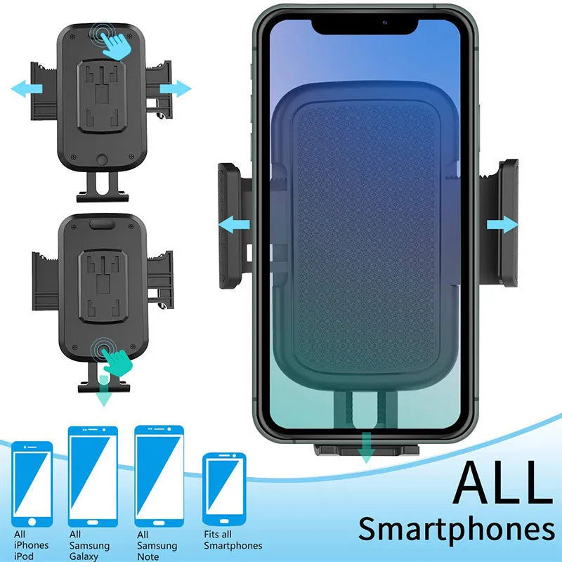 Black ABS car phone holder mounted on a dashboard, showing 360-degree rotation and soft foam contact pads.